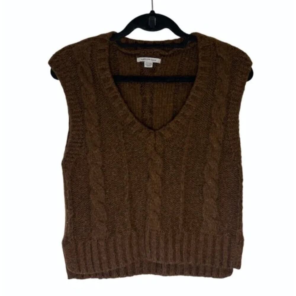 American Eagle Brown V-Neck Cable Knit Pullover Size Small